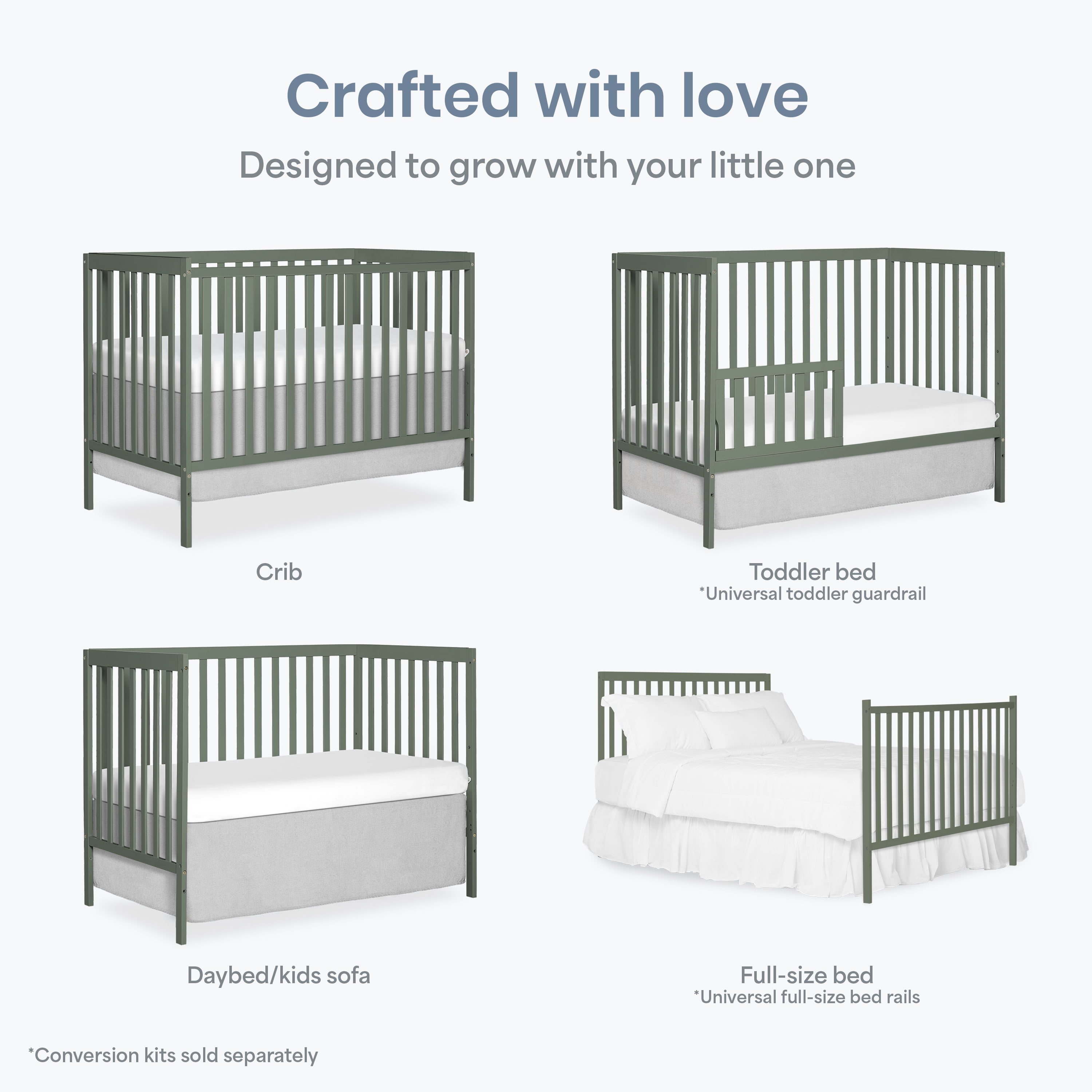 Dream On Me Synergy 5 in 1 Convertible Crib in Meadow Green, Greenguard Gold Certified