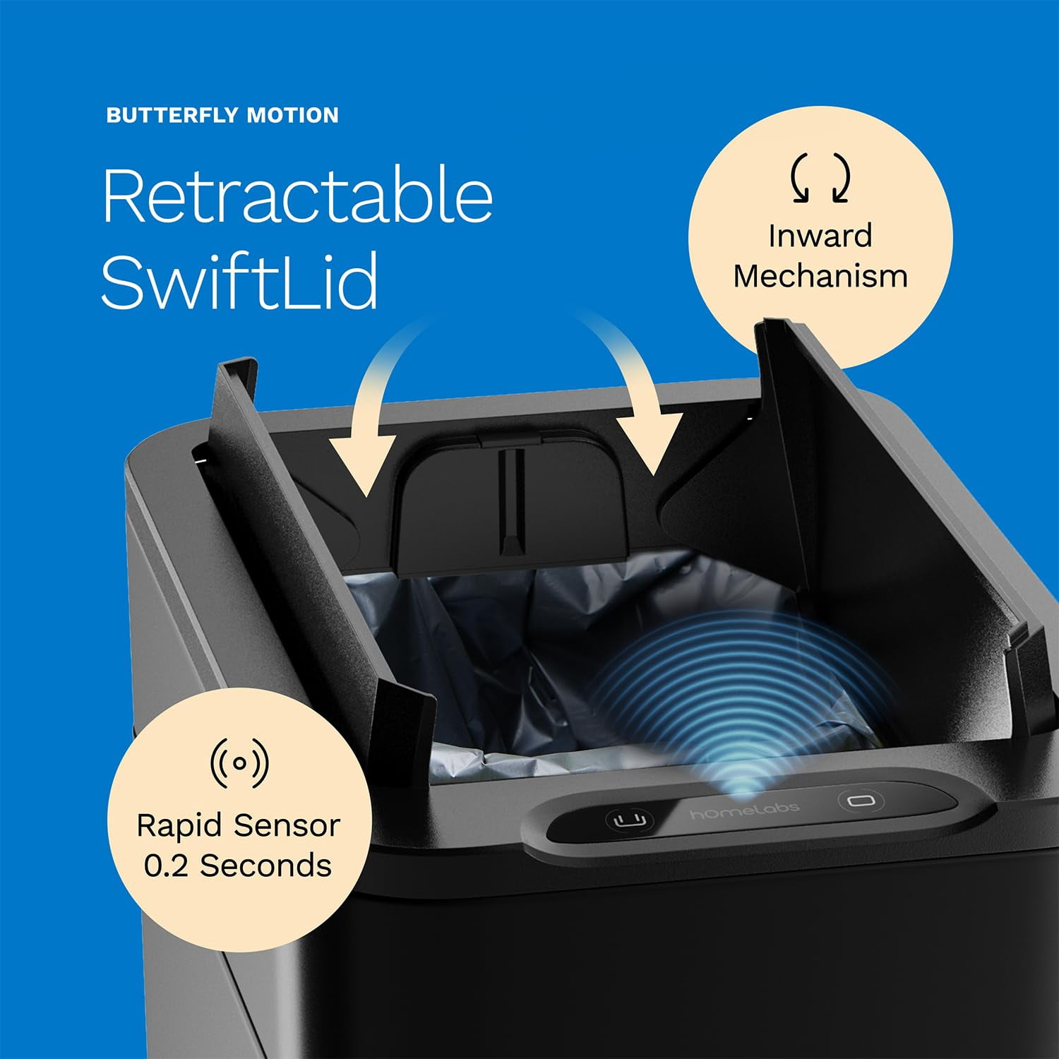 hOmeLabs Robust 13 Gallon Sensor Trash Can, Retractable Butterfly Lid, Batteries Included, Maximizing Space, Easy to Clean, Battery-Powered - Matte Black