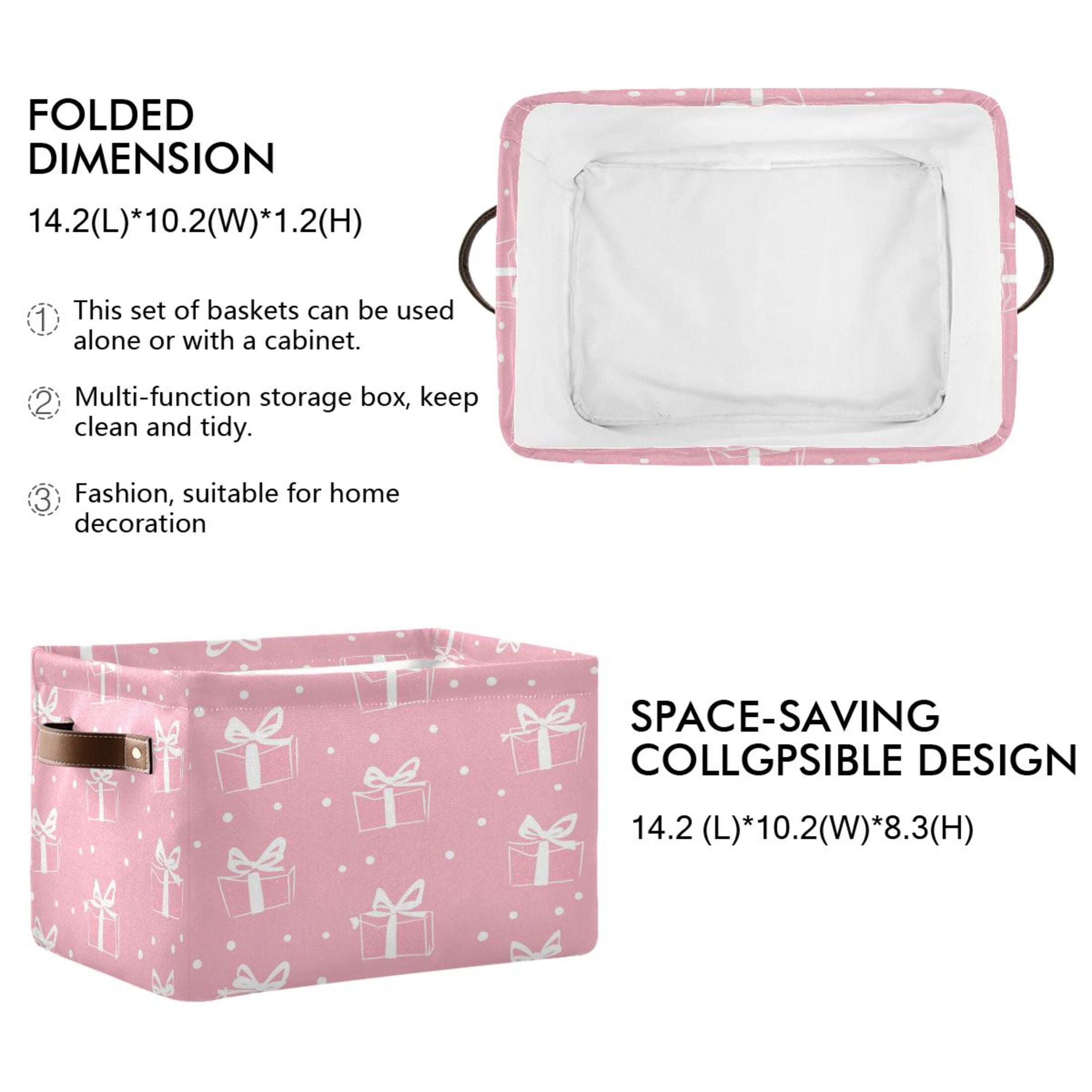Pink Gift Pattern Foldable Storage Basket,Canvas Fabric Foldable Storage Bins with Handles Open Home Storage Bins Boxes for Toy Book Shelf Closet Baskets