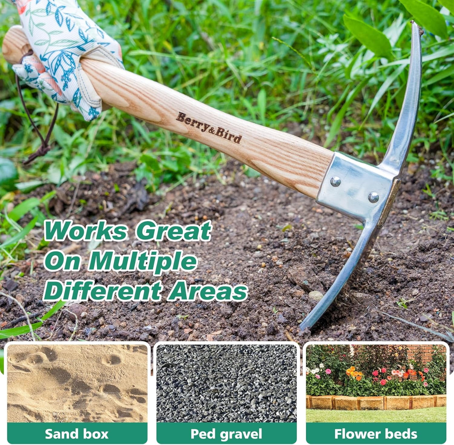 Berry&Bird Garden Pick Mattock Hoe Stainless Steel Pickaxe Hoe Garden Hand Tool