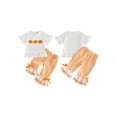 thumbnail image 2 of BemeyourBBs Toddler Baby Girls Halloween Thanksgiving Outfits Infant Baby Girl Summer Fall Clothes Cute Pumpkin Embroidery Bell Short Sleeve T Shirt Tops and Flared Pants Set, 2 of 9