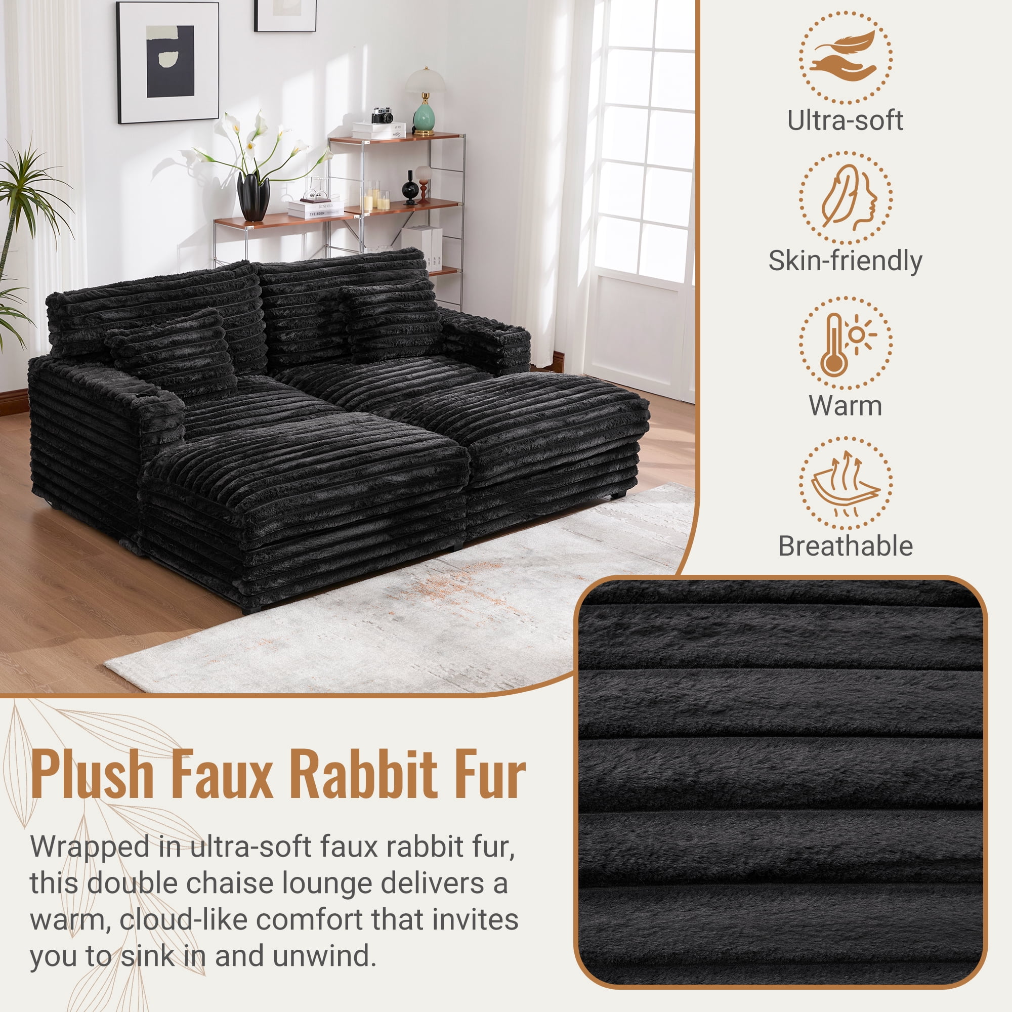 Euroco Oversized Double Chaise Lounge Sofa 83.5" Sofa Bed Cloud Couch Plush Upholstered Sleeper Sofa Daybed with Two Supportive Pillows, USB Ports and Cup Holders for Living Room, Black