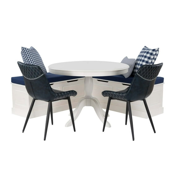 Linon Troyin 5 Pce Set White Wood Nook/Table/2 Padded Chairs/Cushion Set in Blue