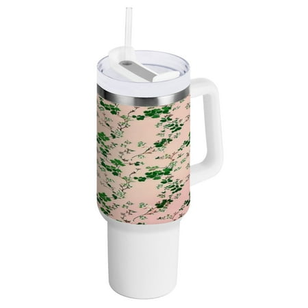 

40 Oz Car Handle Water Bottle 10.8x3.85 Inch Handle And Straw Travel Water Bottle Reusable Stainless Steel Water Bottle Green Leaves and Branches