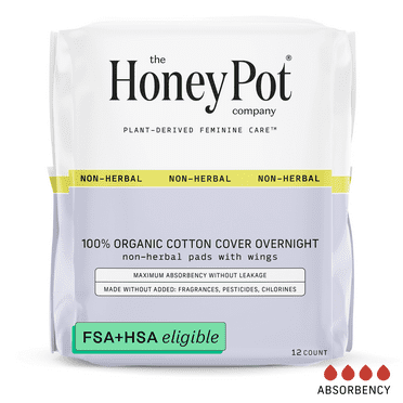 Honey Pot 100% Organic Cotton Cover Non-Herbal Overnight Pads, 12 Count