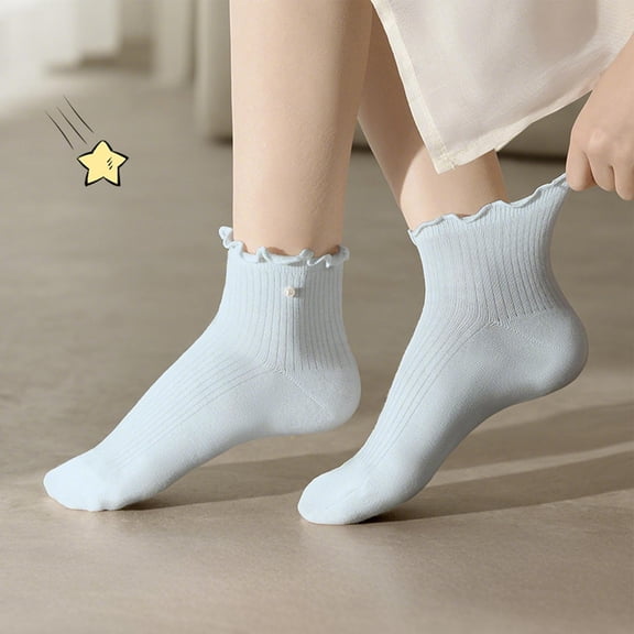 Uobin Girls Ruffle Socks Cotton Pearl Deco Thin Frilly Socks Lettuce Edge Comfort Breathable for Play And Everyday Comfort 4-12Y