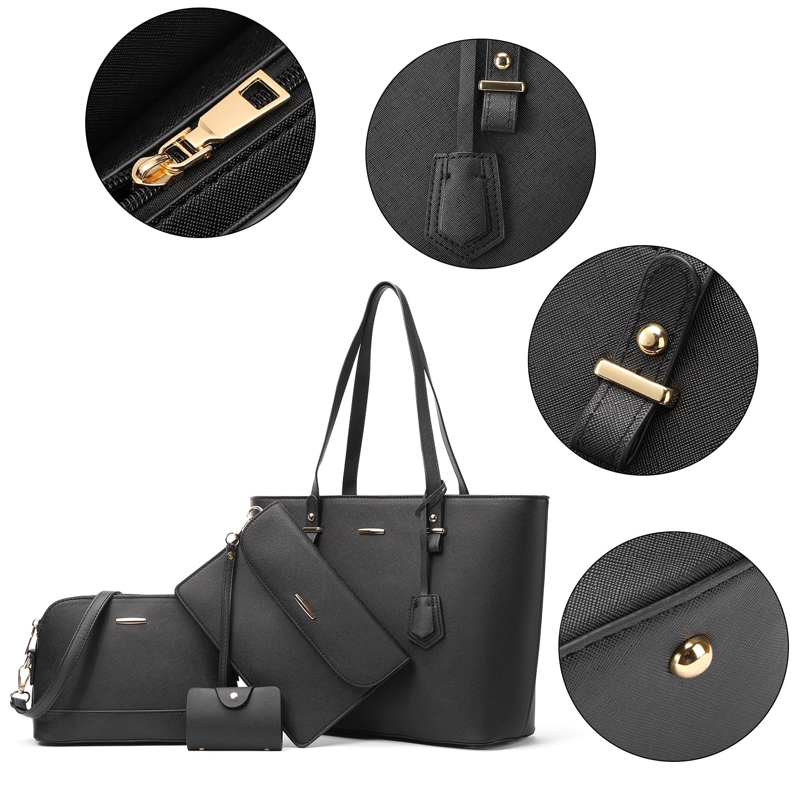 Sendefn Women's 95% Leather Zipper Shoulder Bags, Black, 4-Piece