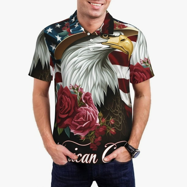 Fotbe Eagle With Hat And Roses Camiseta Polo de Golf para Hombre con Estampado – Camisa Deportiva Transpirable con Cuello Abotonado-XX-Large