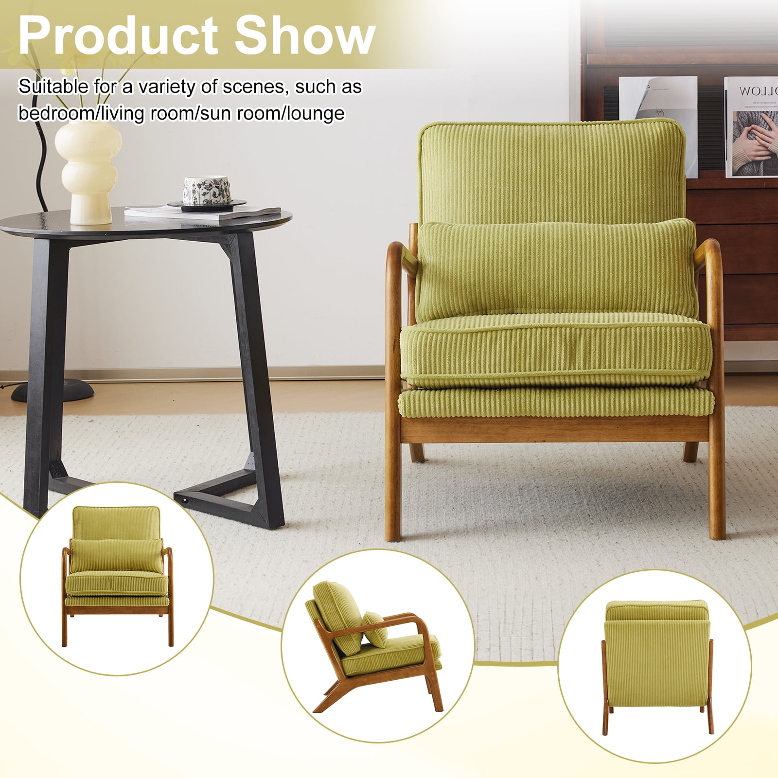 Ktaxon Accent Chair Corduroy Upholstered Armchair, Reading Club Chair with Pillow and Solid Wood Frame for Living Room Bedroom Furniture Olive Green