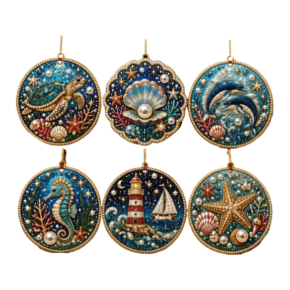 DIY Pearl Diamond Art Hanging Ornament Set, 6‑Pack Nautical Ocean Animal Diamond Painting Kit, Sea Turtle Dolphin Lighthouse Craft for Holiday Home Decoration & Gifting