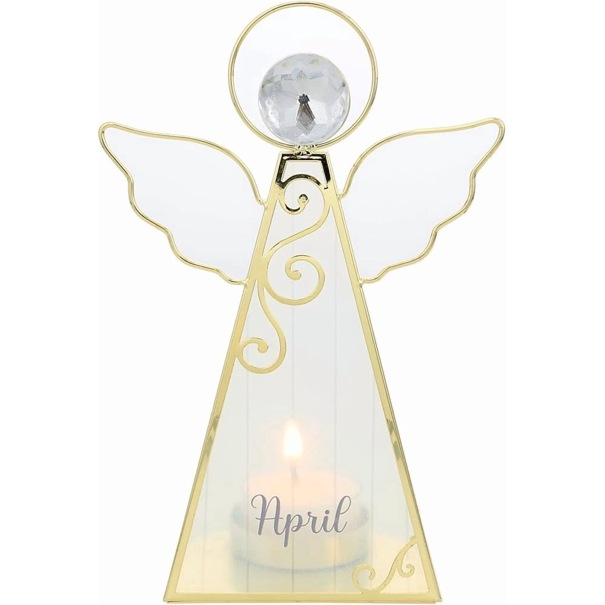 Pavilion Gift Company- April - 6.5" Angel Tealight Candle Holder Religion Faith April Birth Month Birthday Aries Taurus Crystal Birthstone Keepsake Decor Gift
