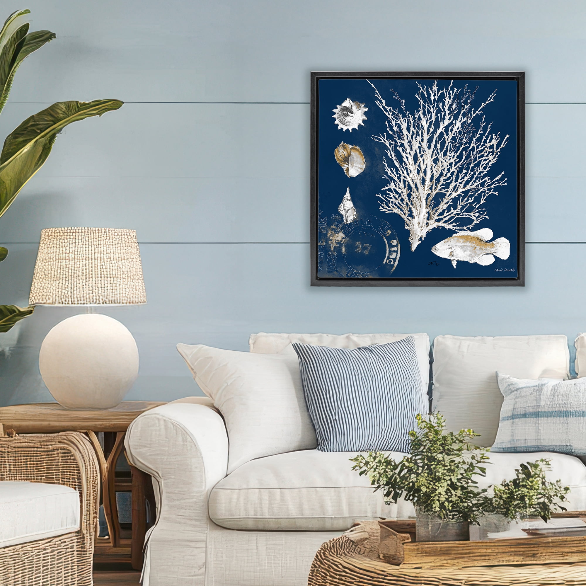 Stupell Industries Coral Medley on Navy Black Framed Floater Canvas Wall Art, design by Lanie Loreth