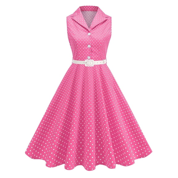 Women's 1950s Retro Polka Dot Vintage Dress Sleeveless Prom Swing Midi Belt Dresses Notched Lapel, Guest Dresses for Women(Pink,M)