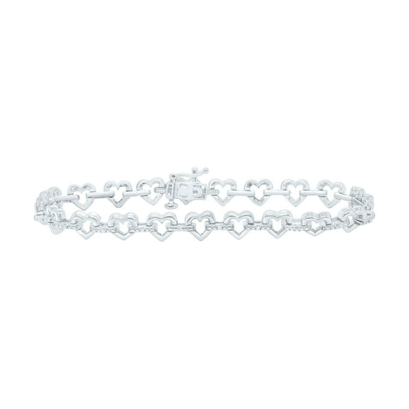 925 Sterling Silver Diamond Womens Heart & Bar Link Tennis Bracelet 1/10 CT | 7"
