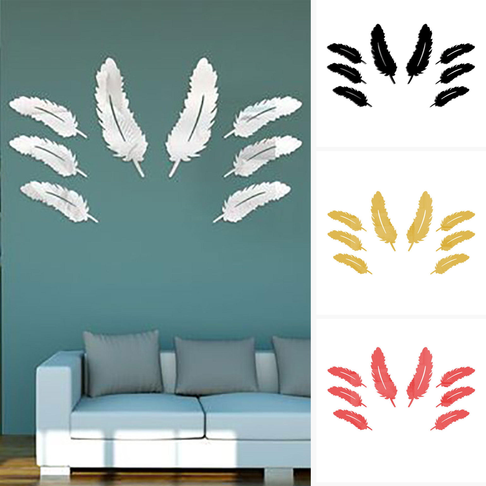 3D Mirror Wall Sticker Feather Shape Self-adhesive Home Bedroom Wall Decor US 