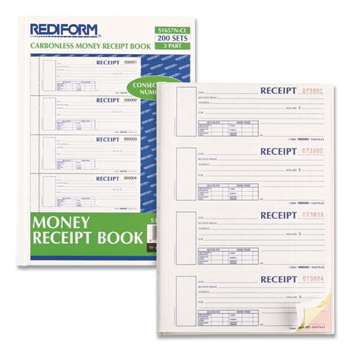 Hardcover Numbered Money Receipt Book, Three-Part Carbonless, 6.78 X 2.75, 4/page, 200 Forms | Bundle of 2 Each