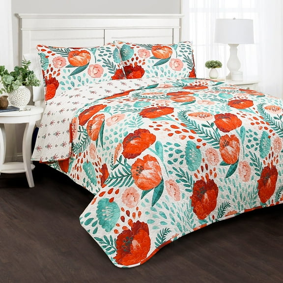 Lush Decor Poppy Garden Floral Cotton Reversible Quilt, Full/Queen, Multi, 3-Pc Set