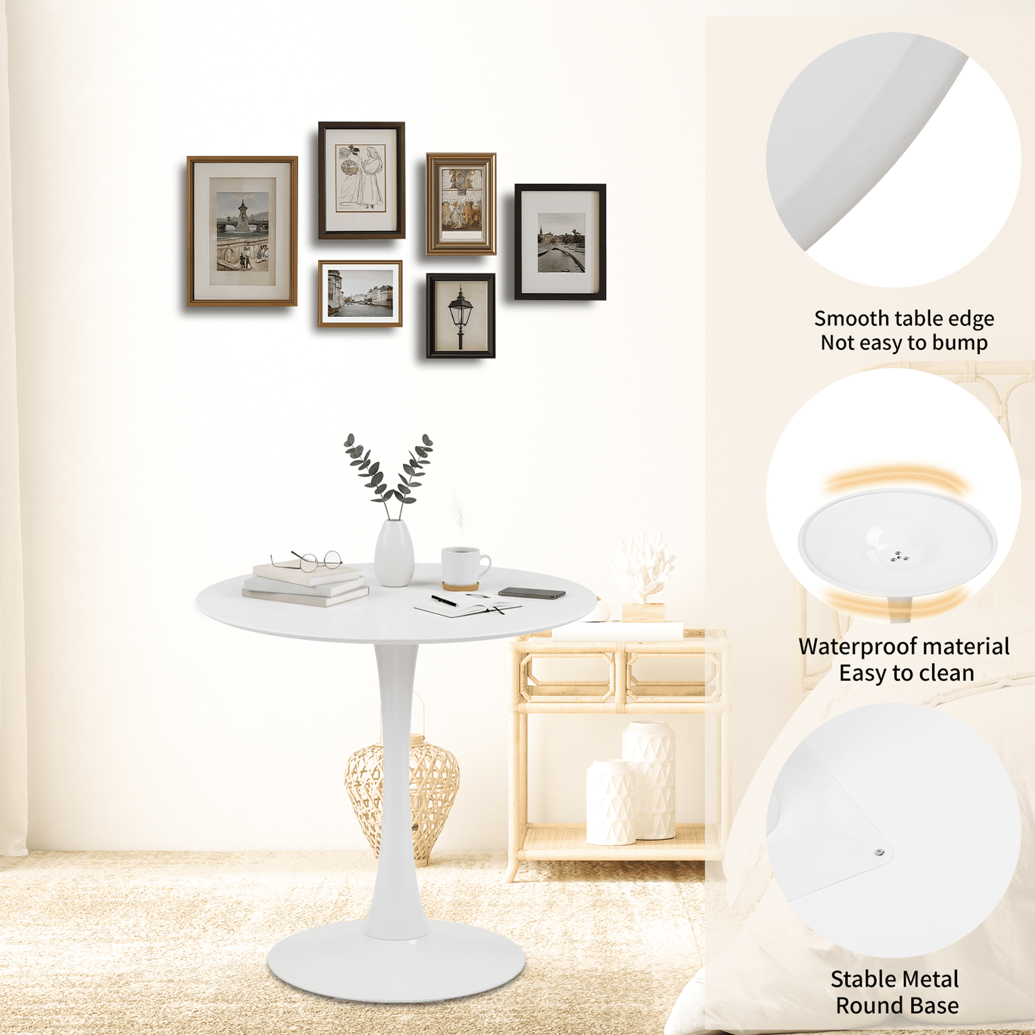 32" Round Wood Dining Table, Mid Century Modern Tulip Table for Living Room Kitchen, White