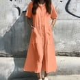 thumbnail image 2 of Vestido camisero largo con bolsillos y manga corta liso para mujer, poliéster spandex, estilo informal similar al lino, tallas S-XXXXXL, 2 of 5