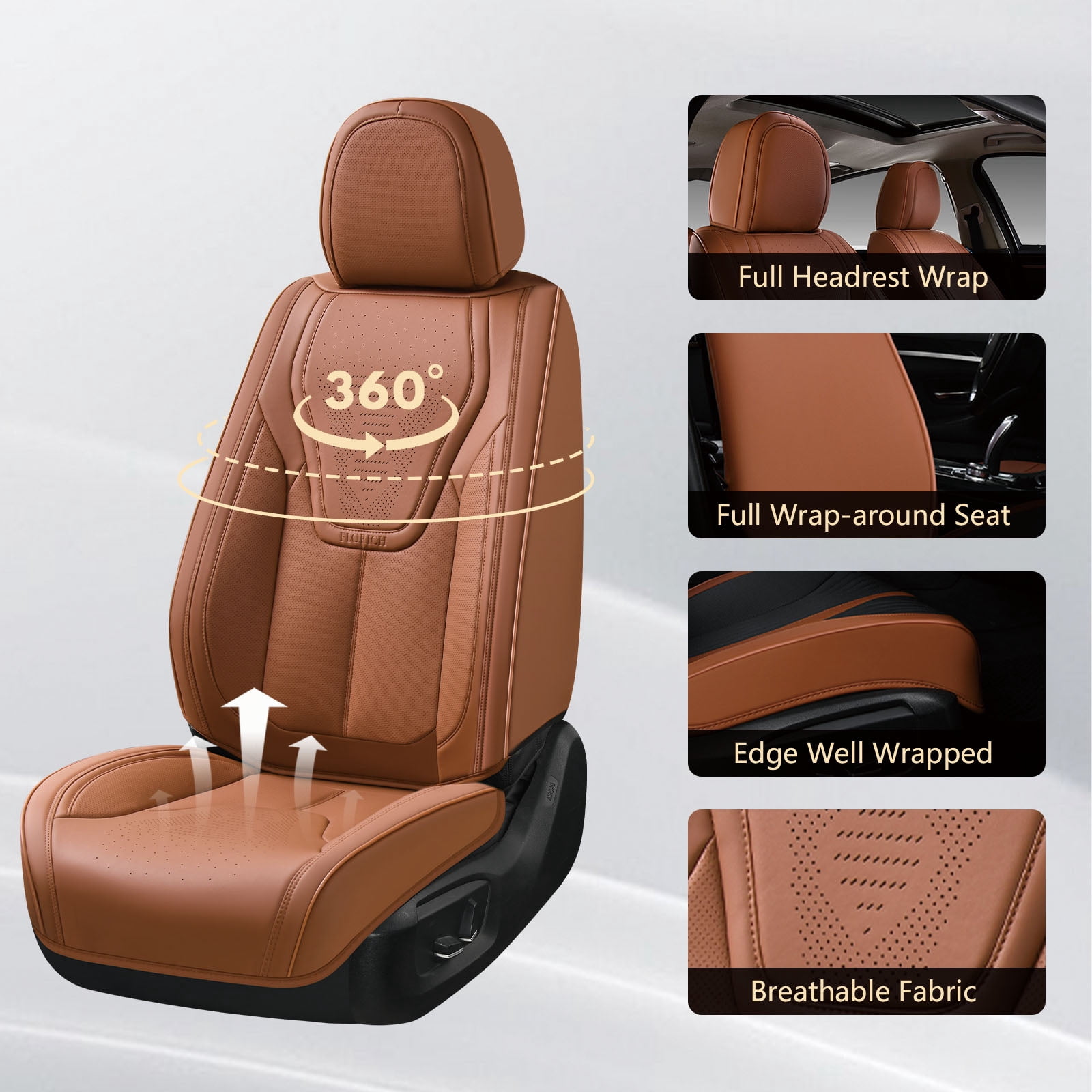 FLORICH Front Car Seat Covers, Luxury Faux Leather Seat Protectors, Automotive Seat Cushions Universal Fit for Most Cars Trucks SUV, Brown