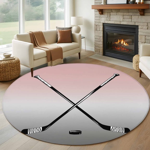 Round Rugs 5Ft, Pink Gray Ombre Round Area Rug Washable Indoor Throw Carpet, Black Hockey Sticks Minimalist Style Soft Non Slip Circle Rug for Cabinet Bathroom Home Decor Aesthetic