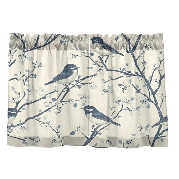 Birds and Flowers Pattern 27"x24" Linen Look Cafe Curtain Set with Privacy and UV Protection
