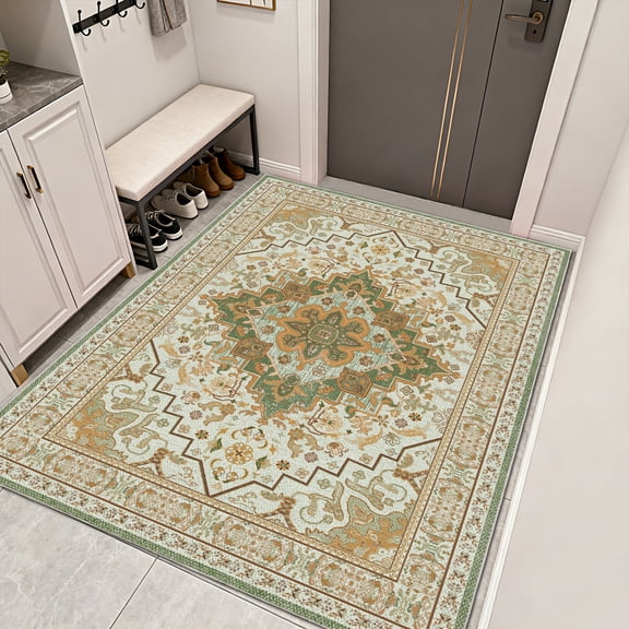 KOPOEELK 5x7 Washable Area Rug Carpet, Yellow Green Vintage Floral Medallion Non Slip Low Pile Stain Resistant Floor Decor for Living Room, Bedroom, Dining Room and Home Office