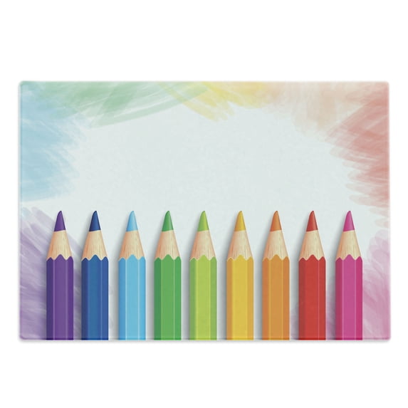 School Cutting Board, Digital Drawing Illustration of Realistic Colorful Pencils on Pastel Tone Backdrop, Decorative Tempered Glass Cutting and Serving Board, in 3 Sizes, by Ambesonne