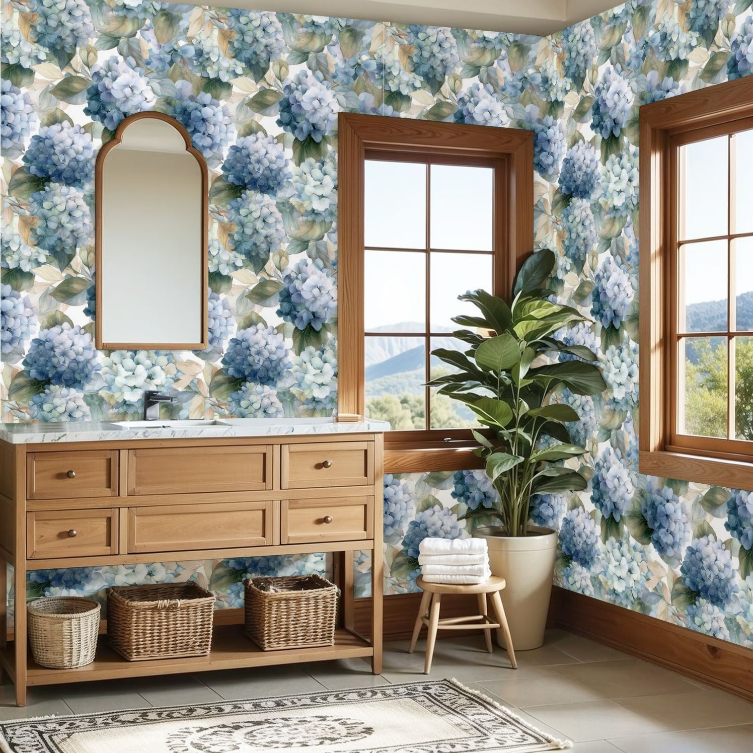 Peel and Stick Wallpaper Delicate Blue Hydrangea Flower Soft Green Leaves Wall Mural 23.6in x 9.8ft Self Adhesive Removable Wall Paper Renter Friendly Wallpaper for Nursery Bedroom Cabinets