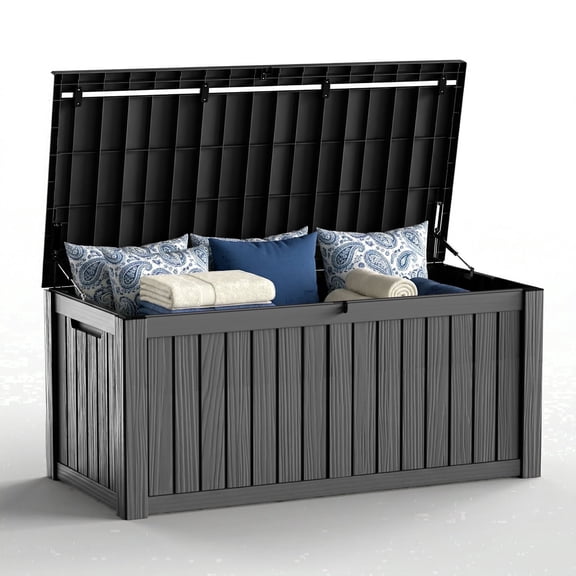 Joxxoaa Black 120 Gallon Resin Deck Storage Box, 2-Seater Outdoor Bench with Lockable Lid for Patio Garden Poolside Storage
