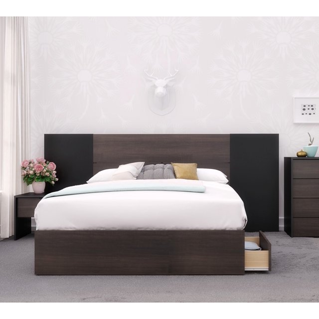 Nexera 4-Piece Bedroom Set With Bed Frame, Headboard, Extension Panels & Nightstand In Full|Black & Ebony