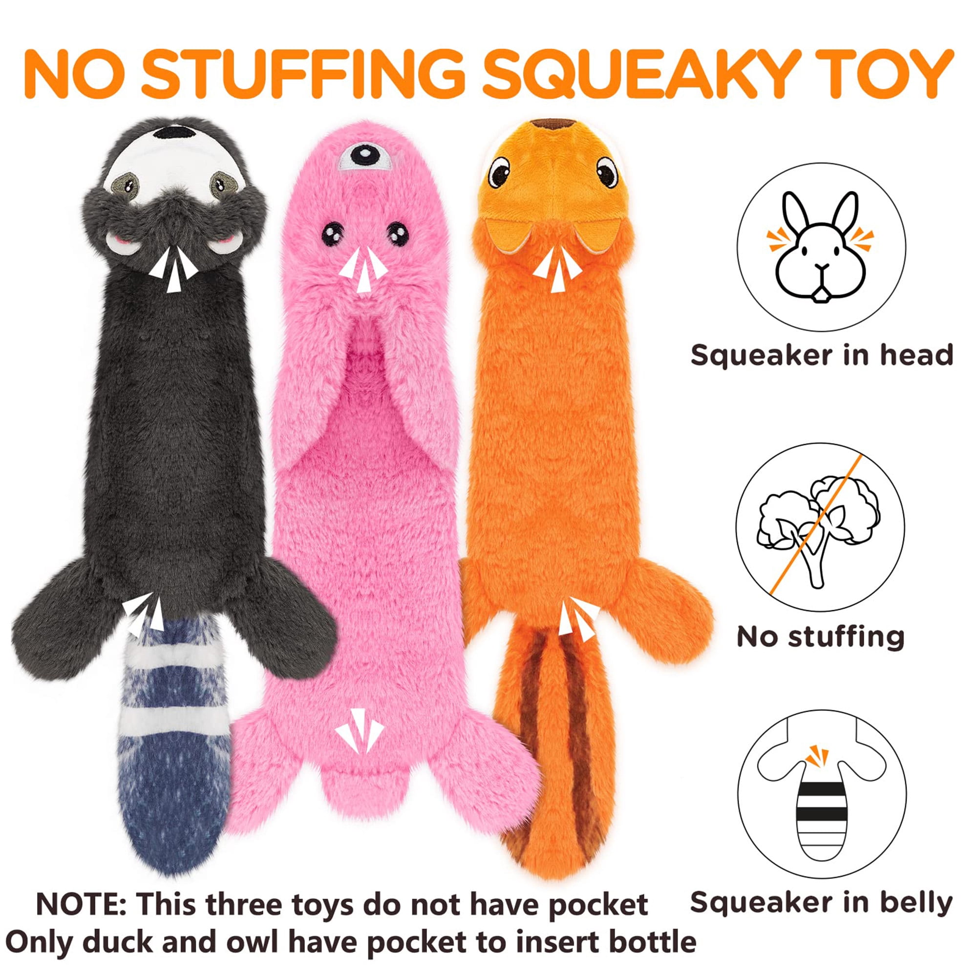 Durable plush chew toys for all dog sizes, no stuffing. Fun animal shapes with crinkle & squeak features. Teething relief & interactive play. Multicolor.