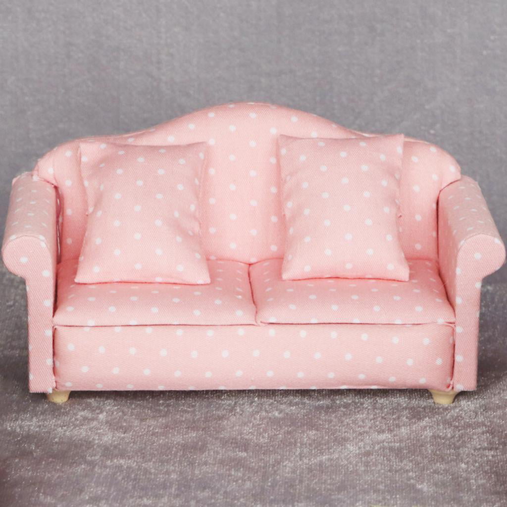 Wooden Mini Pink Sofa & Cushion Furniture for 1:12 Doll House Decorative 