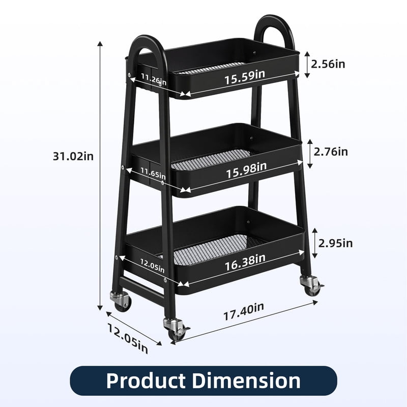 Gianna Utility Cart, Metal, 3‑Tier, Lockable Caster Wheels , 360° Rolling, Black