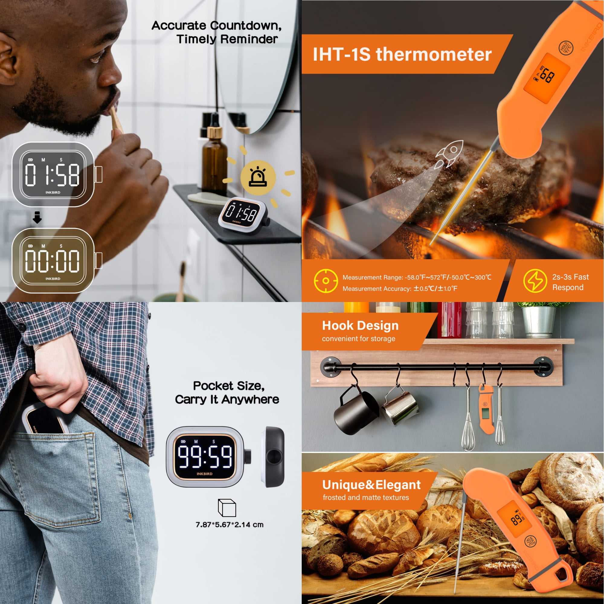 Inkbird IP67 Instant Read Thermometer + Rechargeable Kitchen Timer, Fast Reading & Adjustable Alarm for Home Cooking