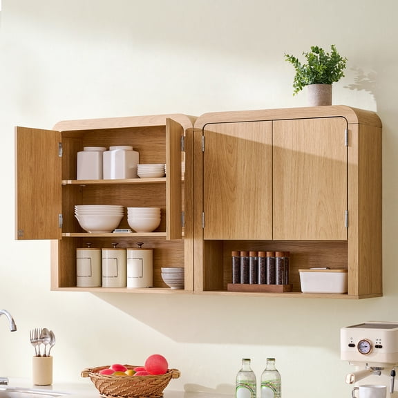 Aitjunz 46" W Kitchen Wall Cabinet, Wooden Wall Mounted Cabinet with Doors and Adjustable Shelf for Dining Room and Bathroom, Natural