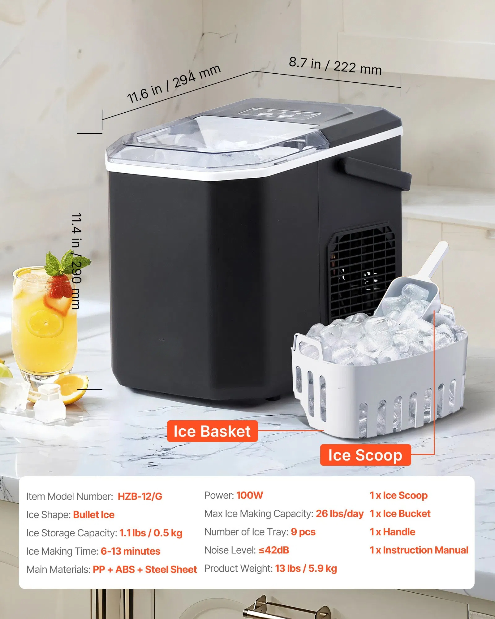 Portable ice maker, self-cleaning with a shovel basket, suitable for bars, kitchens, etc.
