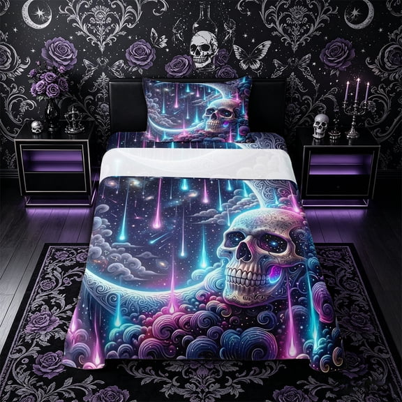 Castle Fairy Cosmic Gothic Skull Twin Sheets 3pcs,Neon Meteor Swirl Cloud Crescent Scene Bedding,Purple Cyan Black,1 Fitted Sheet,1 Flat Sheet and 1 Pillowcase