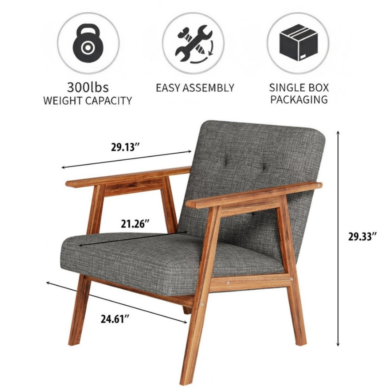 Modern Accent Chair, Fabric Upholstered Armchair with Tufted Details and Wooden Frame, Light Gray Lounge Chair for Living Room, Bedroom & Office, Gray