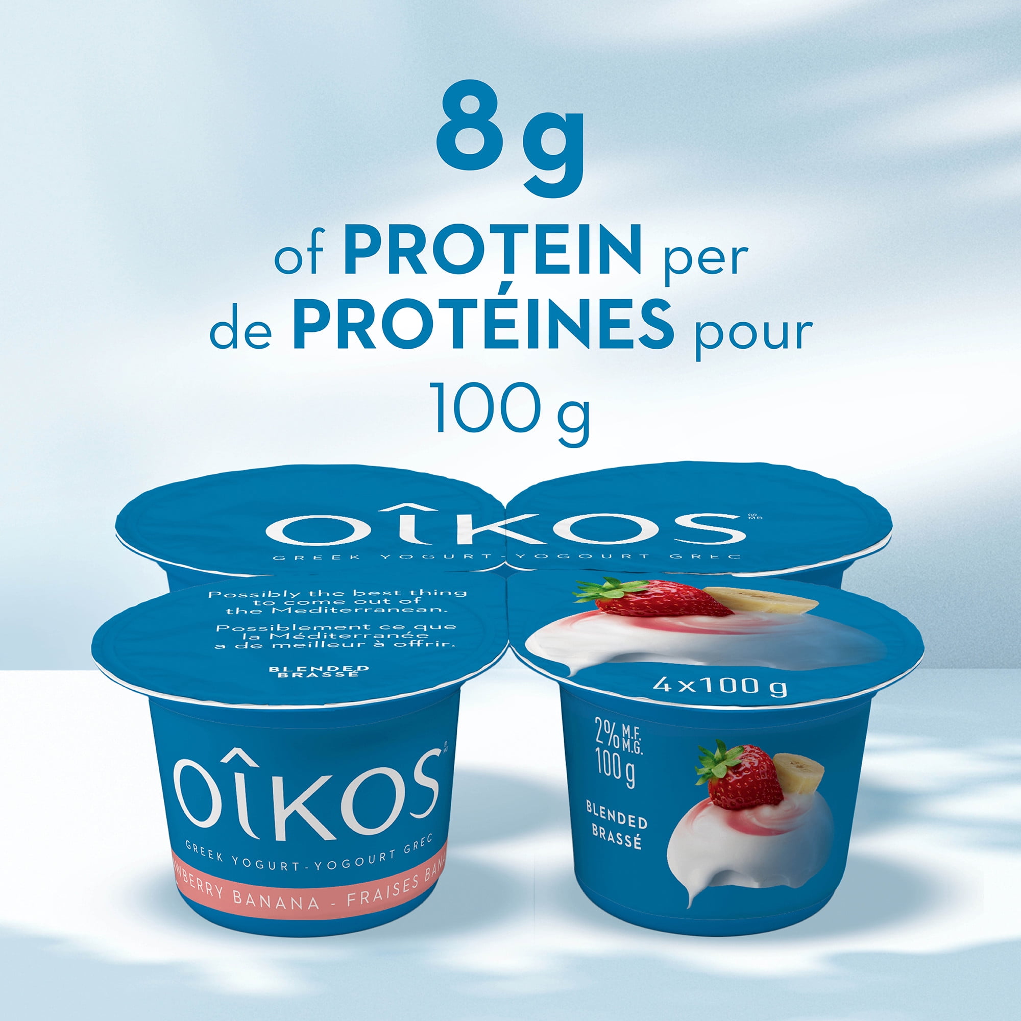 Oikos Greek Yogurt, Strawberry, Blended, 2% M.F., 4 x 100 g
