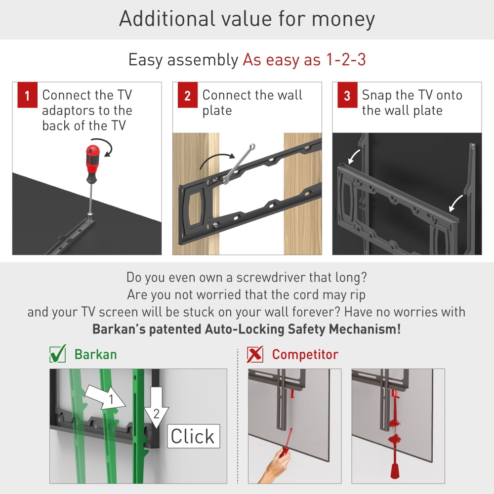 Barkan Fixed TV Wall Mount 32 - 90 inch Low Profile Auto Locking Patent Lifetime Warranty