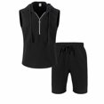 thumbnail image 4 of Mens 2 Piece Linen Outfits Sleeveless Hooded Tops Comfortable Shorts Workout Set Gym Tracksuit Sweatsuits Black XXXL, 4 of 5