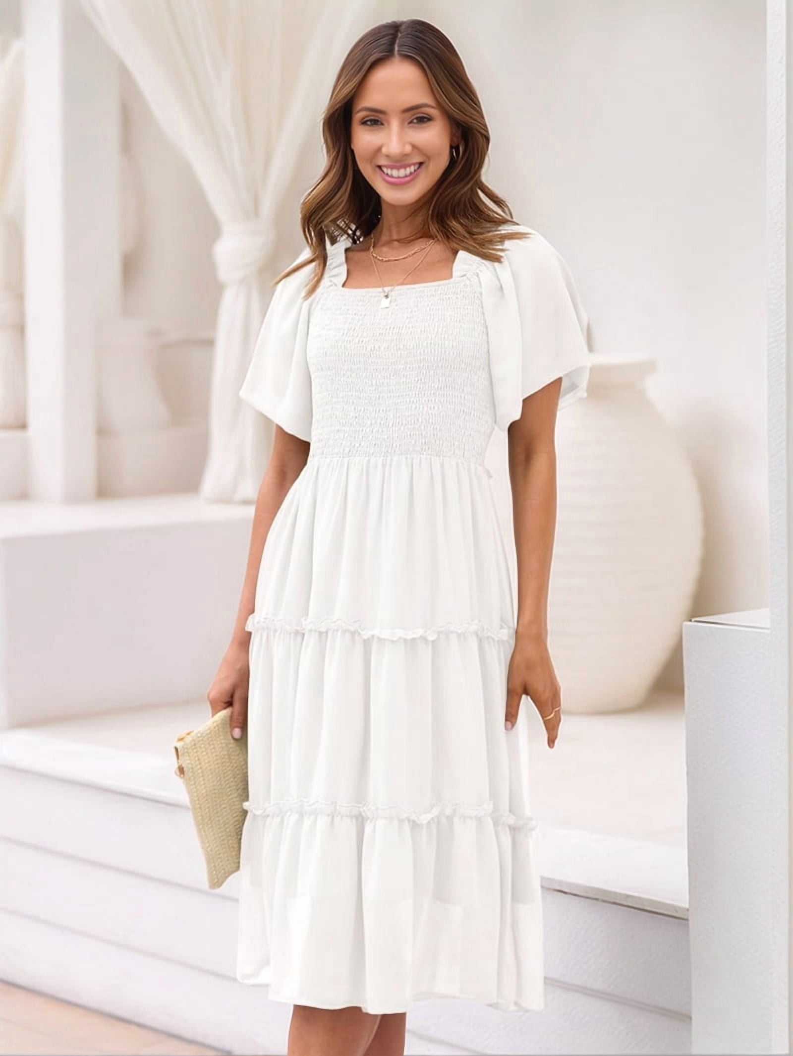 Women'S Summer Casual Flutter Sleeve Square Neck Smocked Midi Dress White S