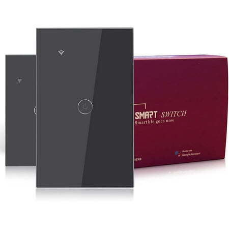 BSEED Smart Touch Light Switch, 2.4GHz WiFi in-Wall Light Switches, Tempered Glass Panel, Works with Alexa/Google/IFTTT, Neutral Wire Needed, No Hub Required, 1 Gang 1 Way, Pack of 2 (Black)