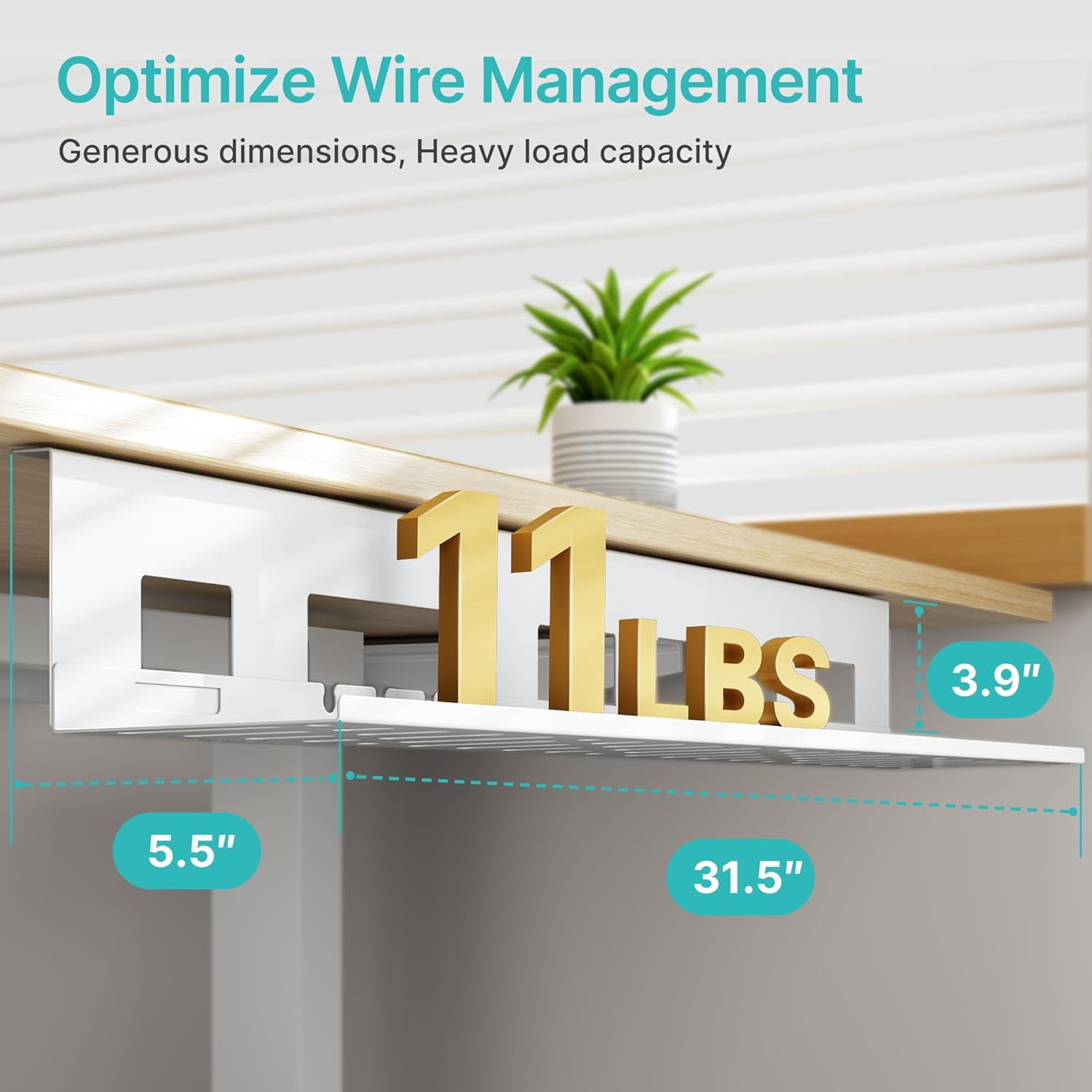 Under Desk Cable Management Tray, 31.5" Metal Cord Organizer Rack for Power Strips, Wires & Chargers, Easy Mounting Desk Tray for Home Office, White