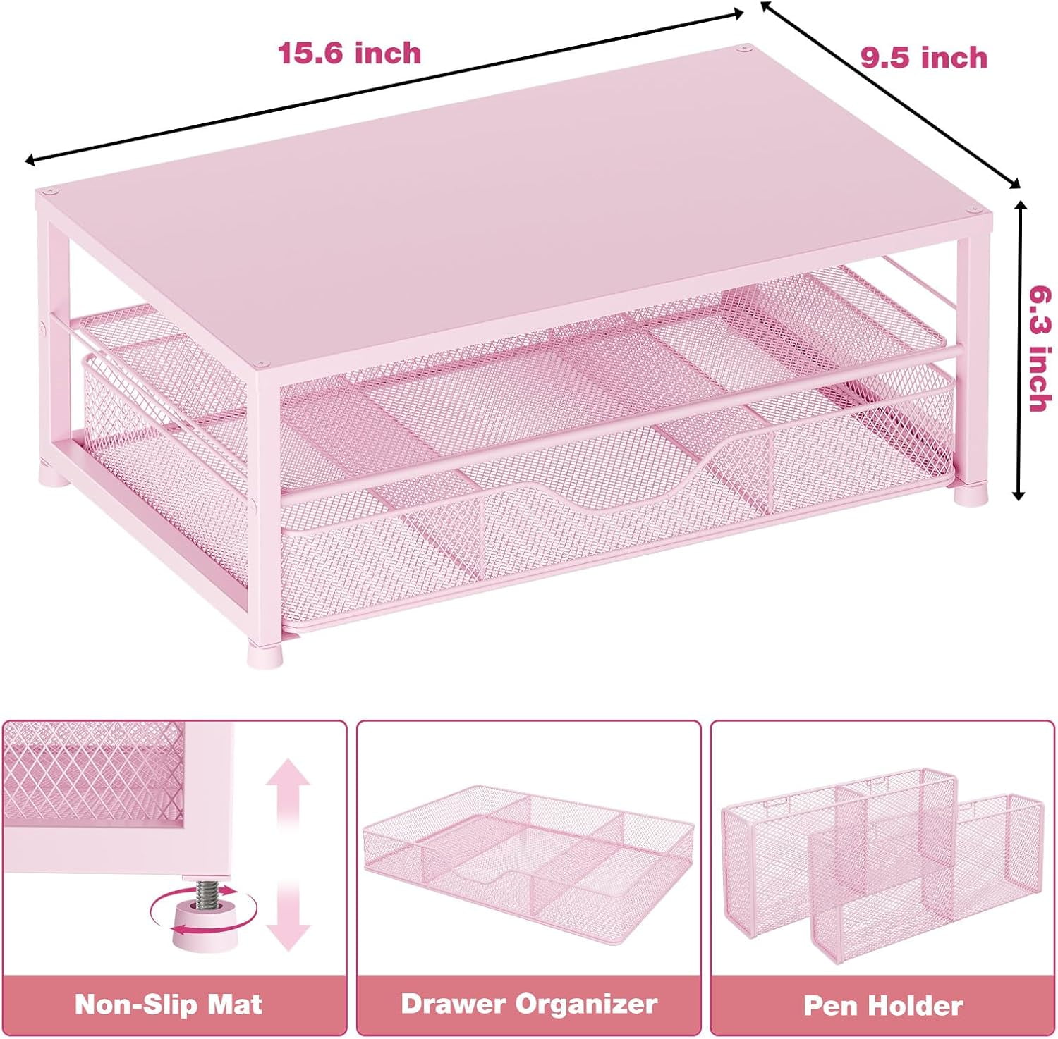 Desk Organizer and Accessories, 2-Tier Computer Monitor Stand with Drawer and 2 Pen Holders, Office Desk Accessories for Office Supplies