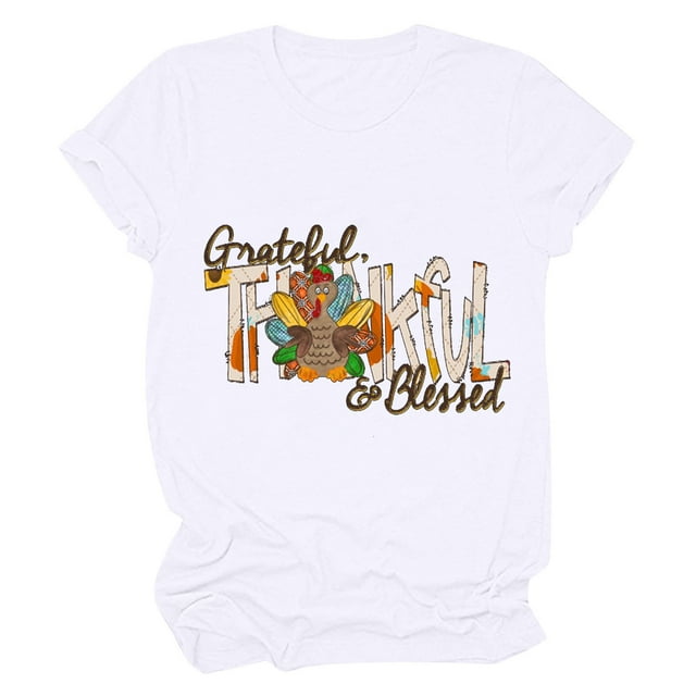 Camisas de Acción de Gracias Para Mujer Casual Cuello Redondo Manga Corta Camiseta Estampada Top Odeerbi ODB122435