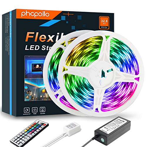 Phopollo Led Strip Lights 32 8ft Rgb Color Changing 5050 600leds Waterproof Flexible Led Tape Light Kit With 44 Key Ir Remote Controller And 12v Power Supply For Room Bedroom And Xmas