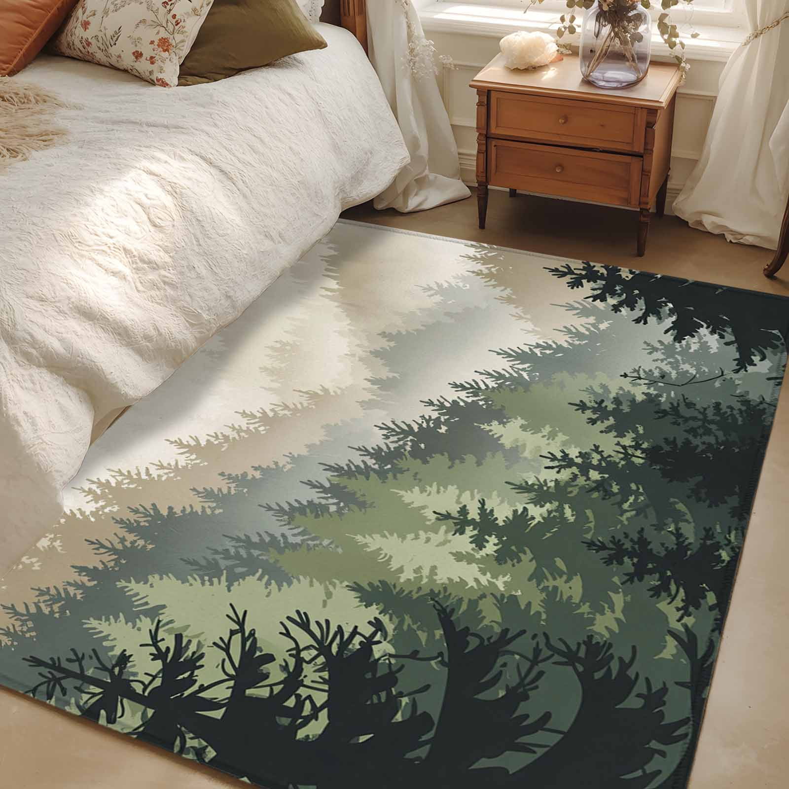 Area Rugs 2.7'x5', Mountains Carpet for Living Room Bedroom Dining Room, Watercolor Forest Nature Pine Trees Landscape Throw Kitchen Rugs Non Slip Washable Rectangle Indoor Outdoor Rugs