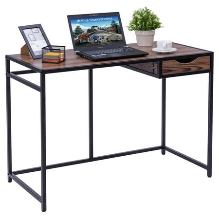 Wood Roll Top Desk Costway Computer Desk PC Laptop Table Wood Top Metal Frame Writing Study Workstation ()